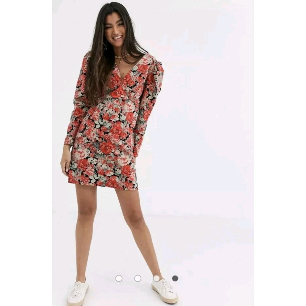 Free People Kapowski Floral Mini Dress Sz 8 Black Red Boho Romantic Cottagecore - Picture 3 of 16